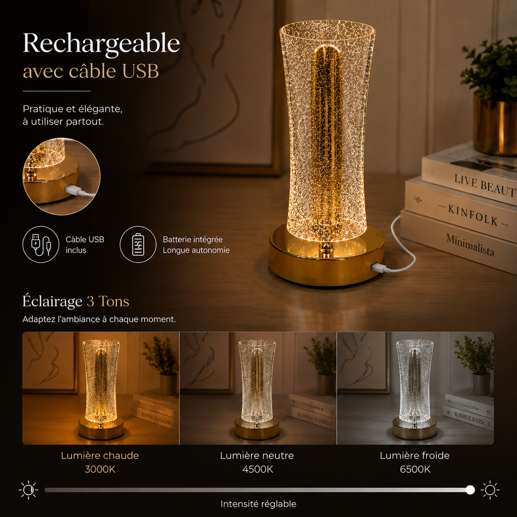 Lampe de Table LED Tactile Rechargeable – 3 Tons d’Éclairage