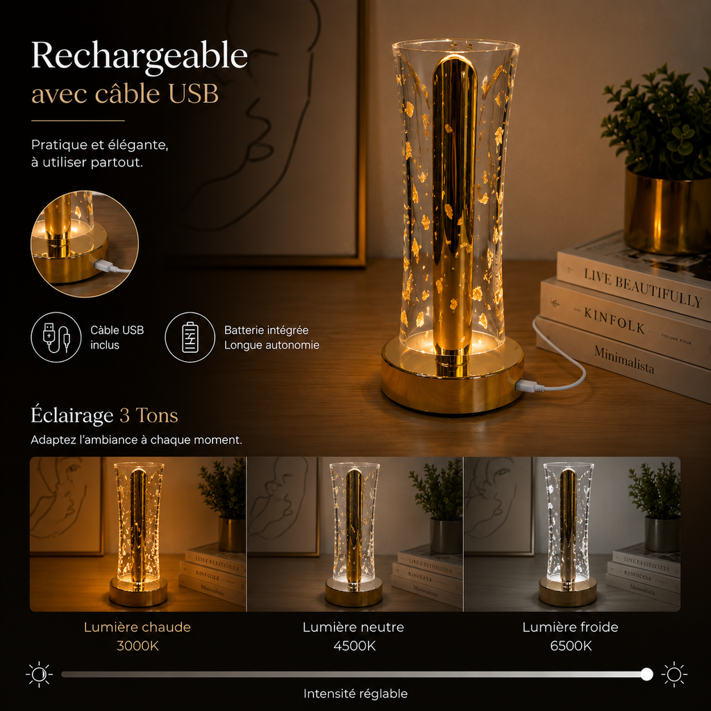 Lampe de Table LED Tactile Rechargeable – 3 Tons d’Éclairage