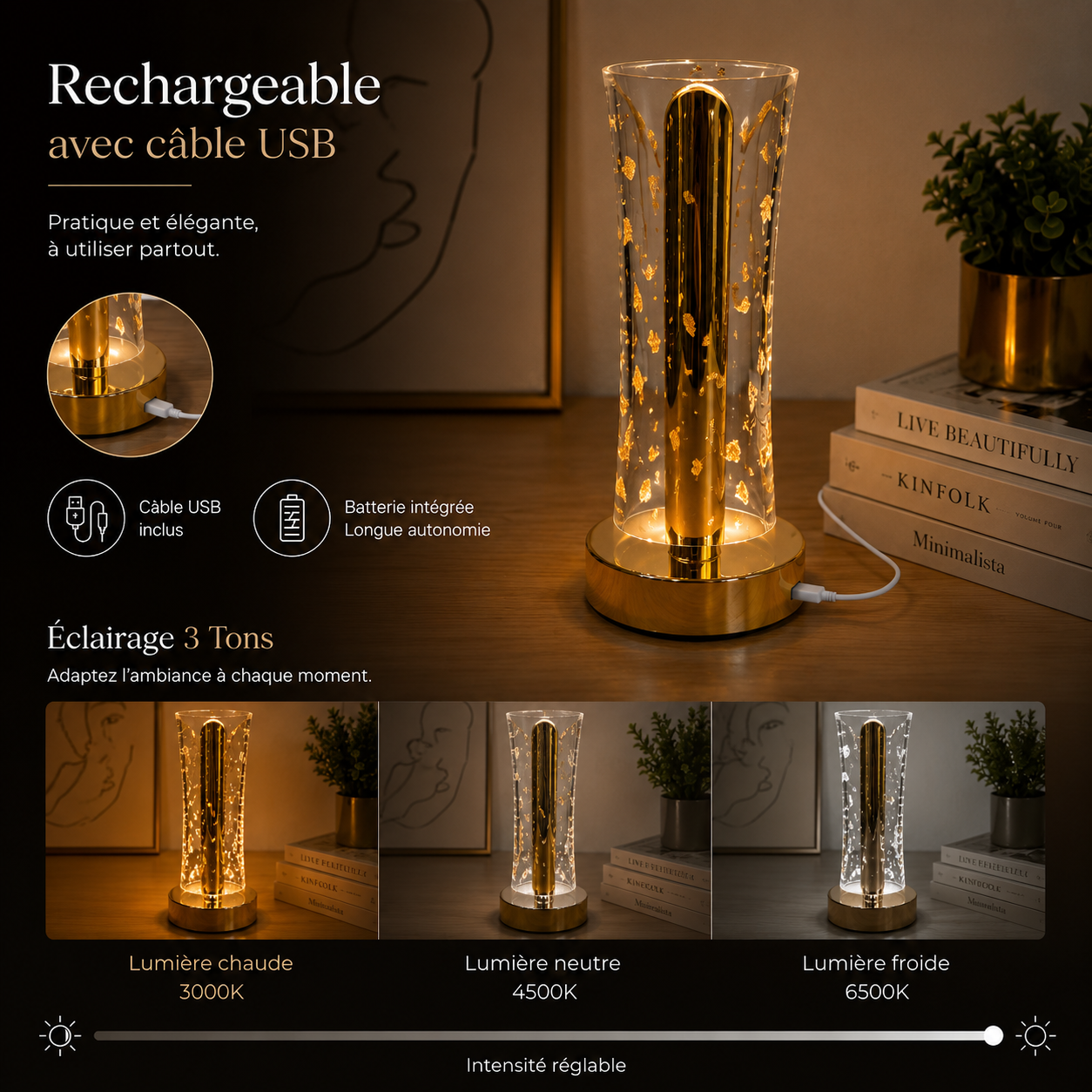 Lampe de Table LED Tactile Rechargeable – 3 Tons d’Éclairage